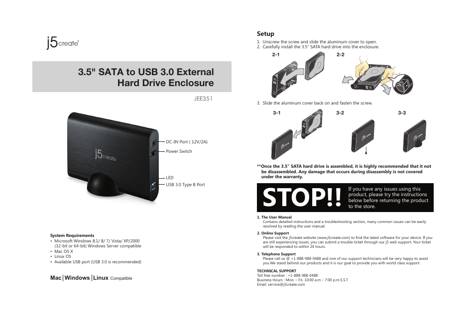 j5 create JEE351 3.5" SATA to USB 3.0 External Hard Drive Enclosure User Manual | 2 pages