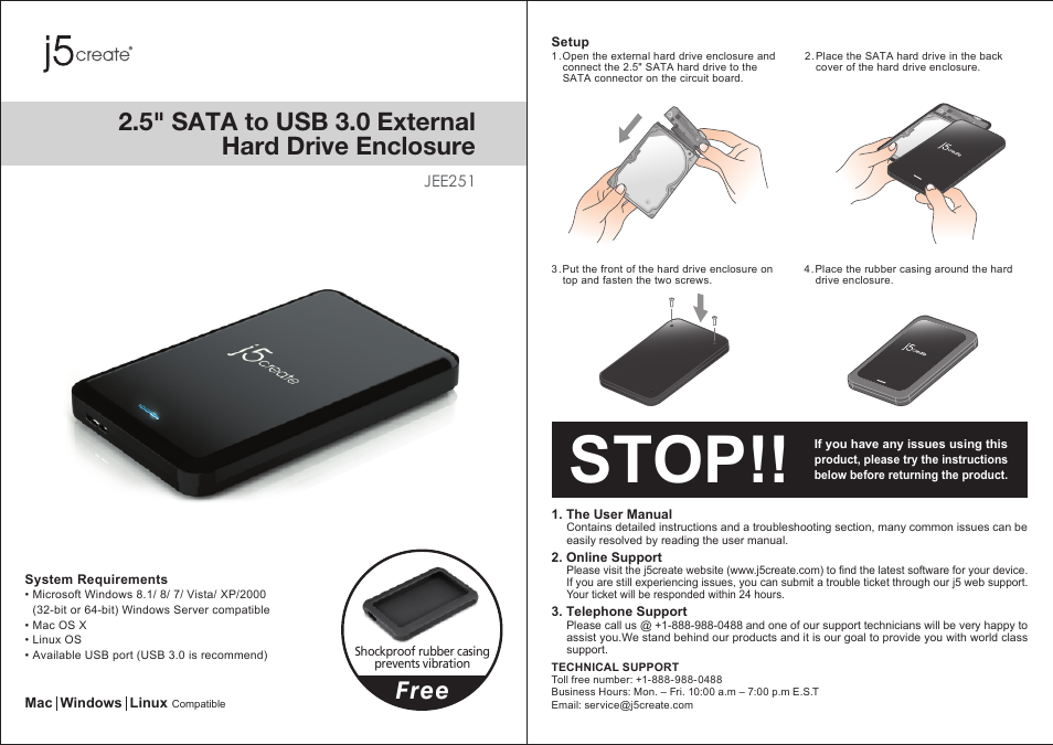 j5 create JEE251 2.5" SATA to USB 3.0 External Hard Drive Enclosure User Manual | 1 page
