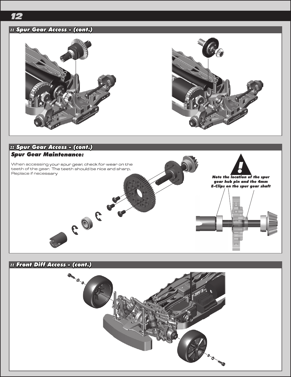 Spur gear access - (cont.), Spur gear access - (cont.) spur gear maintenance | Team Associated APEX Touring Brushless Powered User Manual | Page 12 / 30