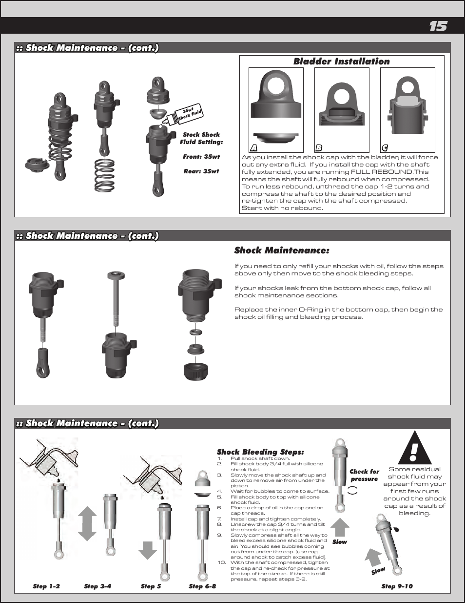 Shock maintenance - (cont.), Shock maintenance - (cont.) shock maintenance, Bladder installation | Team Associated APEX Touring Brushless Powered User Manual | Page 15 / 30
