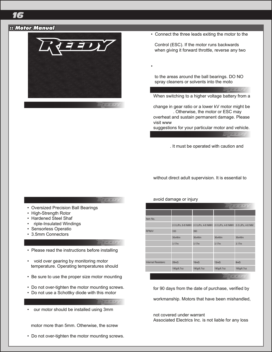 540r brushless motor, Motor manual, Introduction features | Precautions and warnings, Installation and maintenance, Safety precautions, Warranty, Caution, Specifications | Team Associated APEX Touring Brushless Powered User Manual | Page 16 / 30