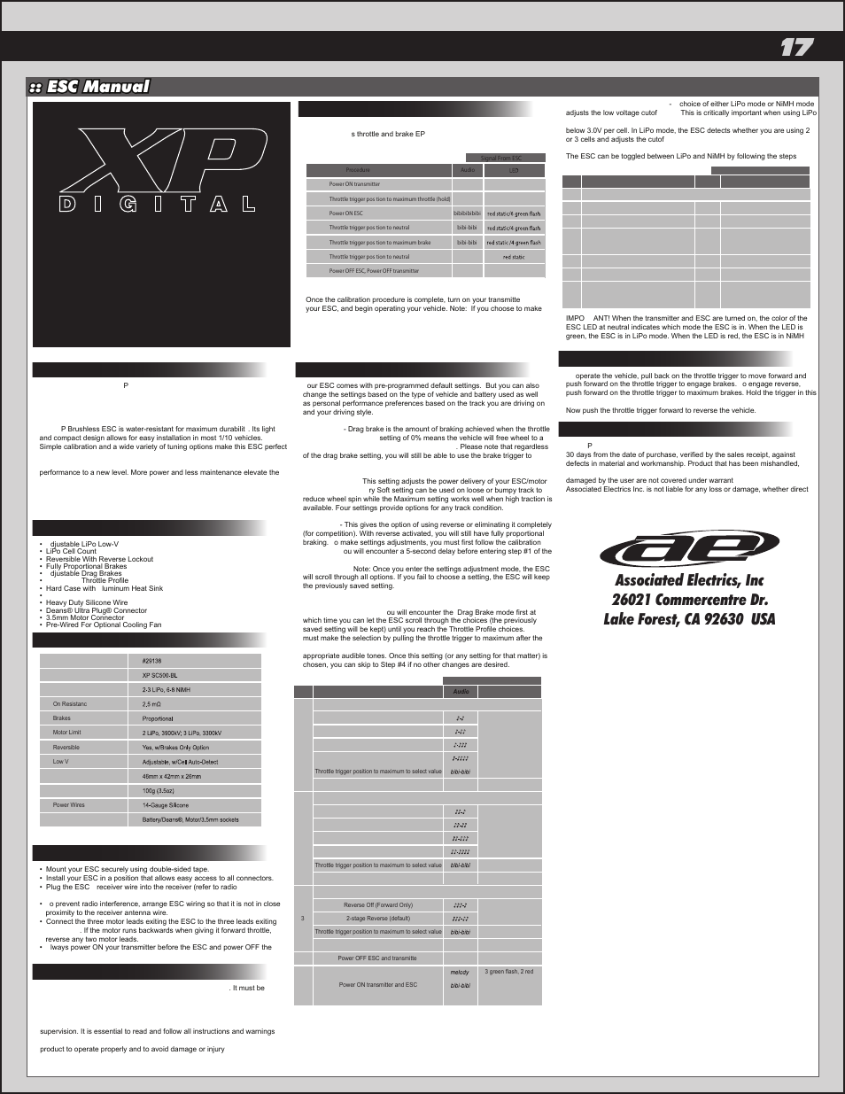 Esc manual, Introduction, Specifications features | Installation, Safety precautions, Throttle/brake calibration, Programmable settings, Warranty, Vehicle operation | Team Associated APEX Touring Brushless Powered User Manual | Page 17 / 30