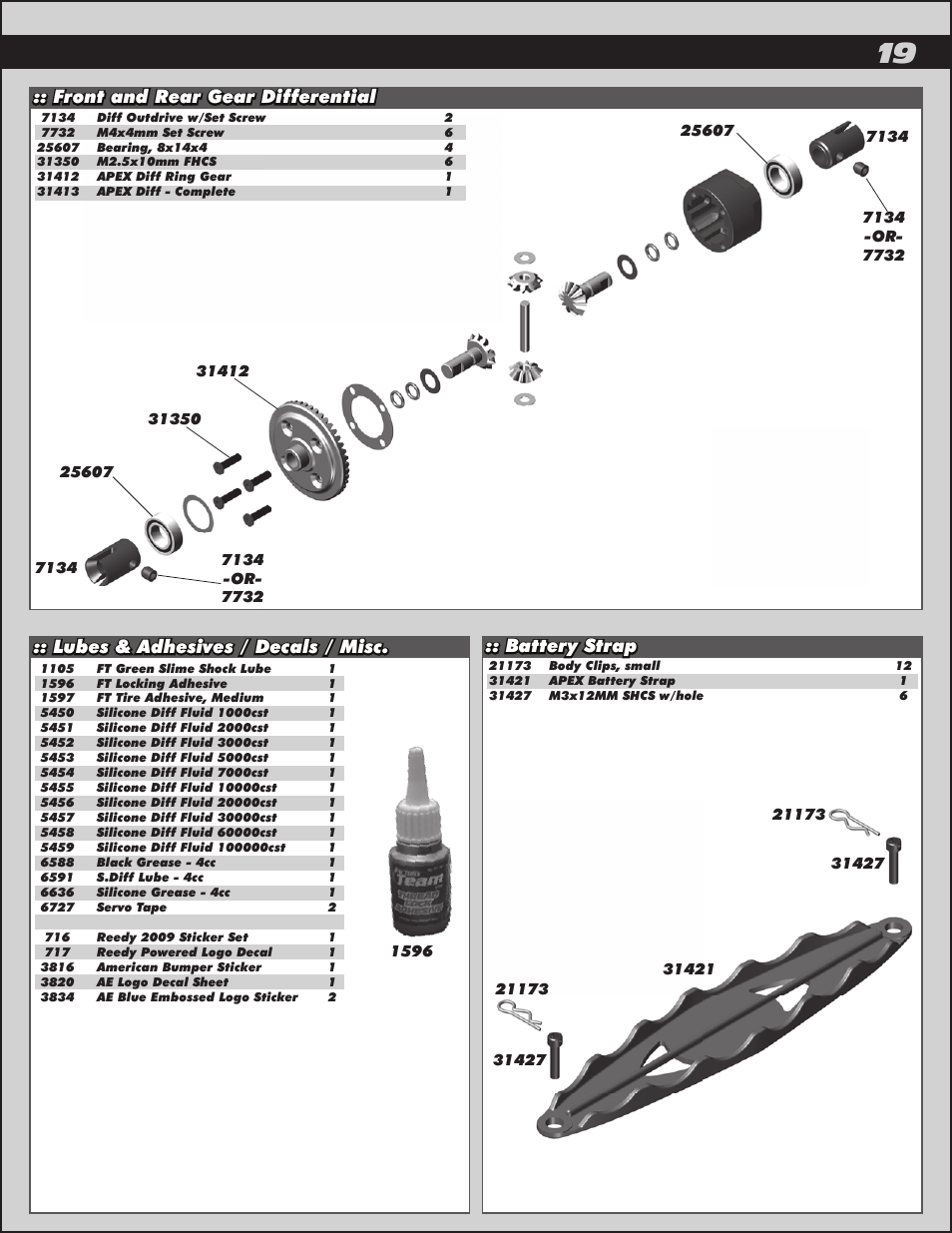 Battery strap :: front and rear gear differential, Lubes & adhesives / decals / misc | Team Associated APEX Touring Brushless Powered User Manual | Page 19 / 30