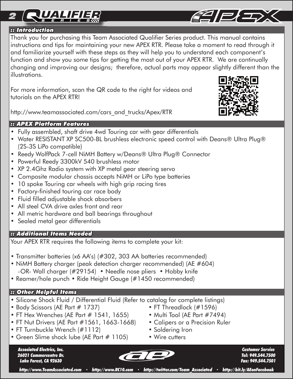 Team Associated APEX Touring Brushless Powered User Manual | Page 2 / 30