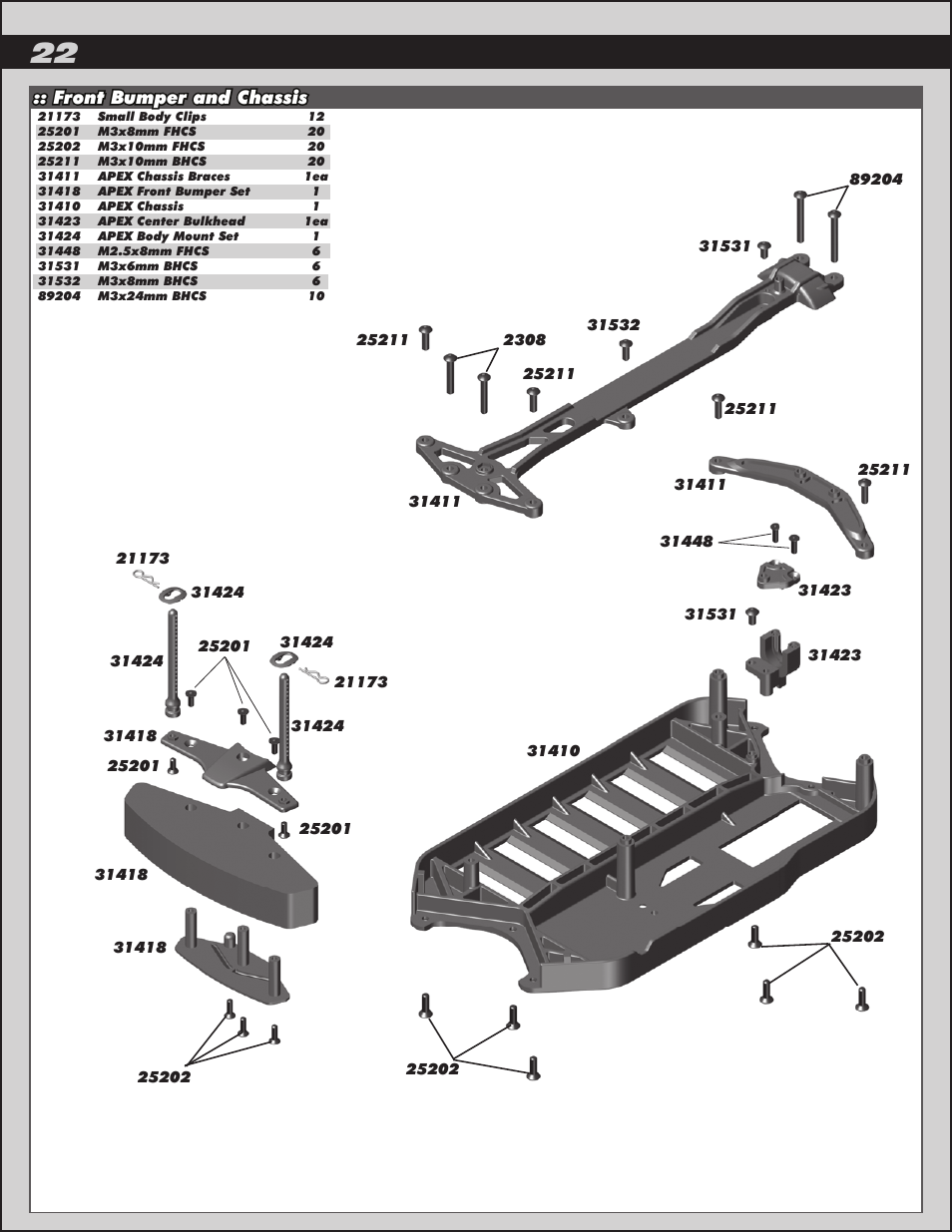 Front bumper and chassis | Team Associated APEX Touring Brushless Powered User Manual | Page 22 / 30