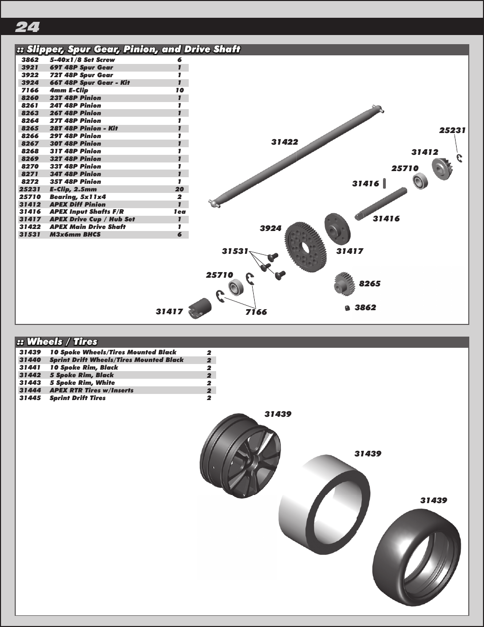 Wheels / tires, Slipper, spur gear, pinion, and drive shaft | Team Associated APEX Touring Brushless Powered User Manual | Page 24 / 30
