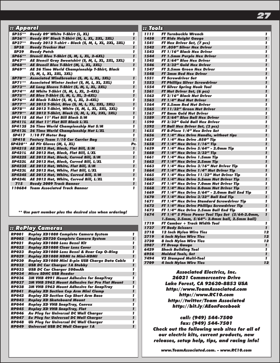 Tools, Replay cameras, Apparel | Team Associated APEX Touring Brushless Powered User Manual | Page 27 / 30