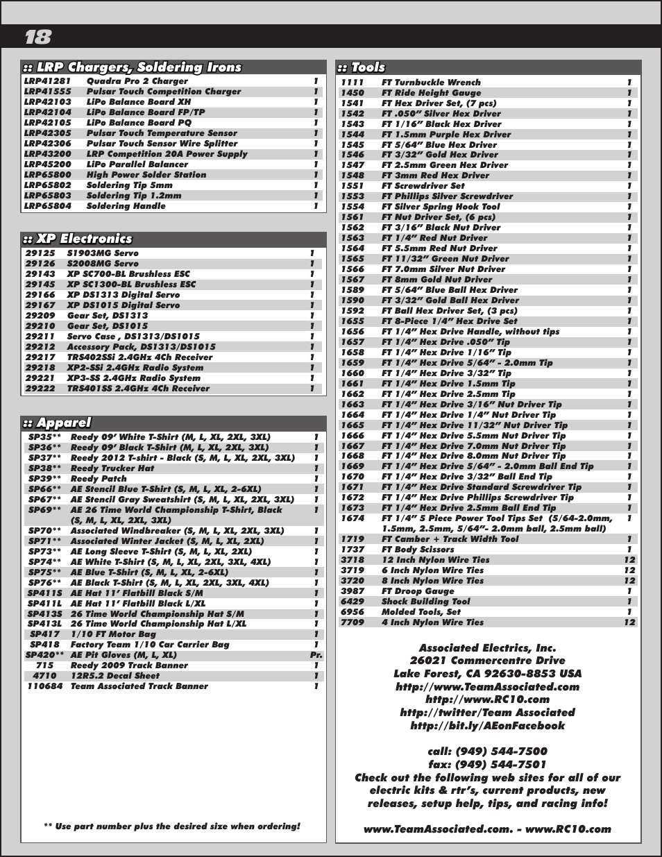 Tools, Xp electronics, Lrp chargers, soldering irons | Team Associated RC12R5.2 User Manual | Page 18 / 22