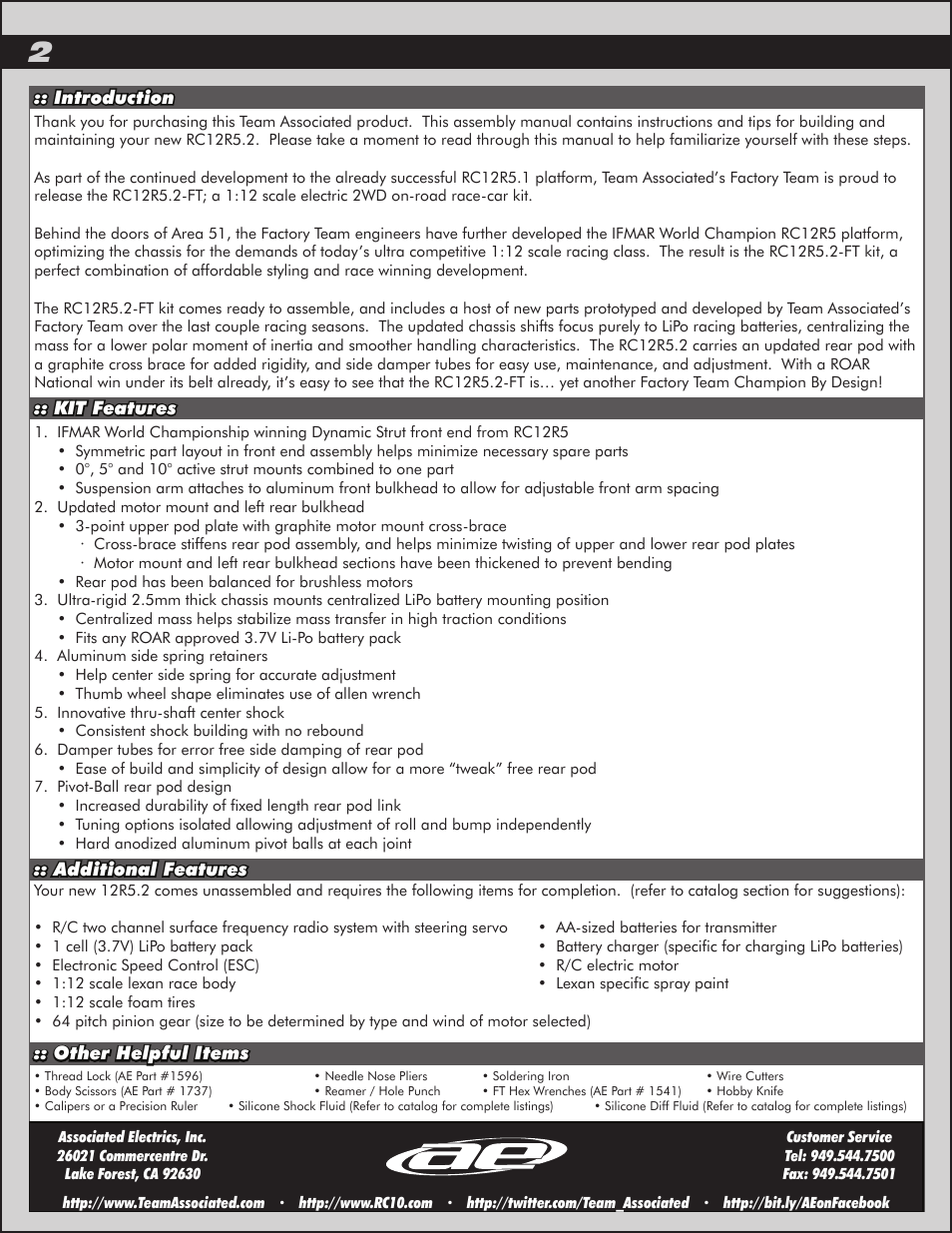 Team Associated RC12R5.2 User Manual | Page 2 / 22