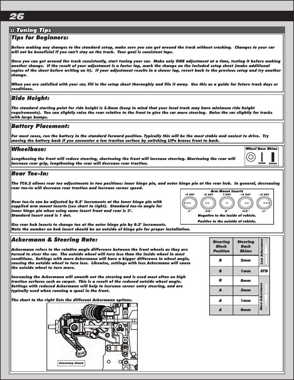 Tuning tips tips for beginners, Ride height, Battery placement | Ackermann & steering rate, Wheelbase, Rear toe-in | Team Associated TC6.2 User Manual | Page 26 / 42