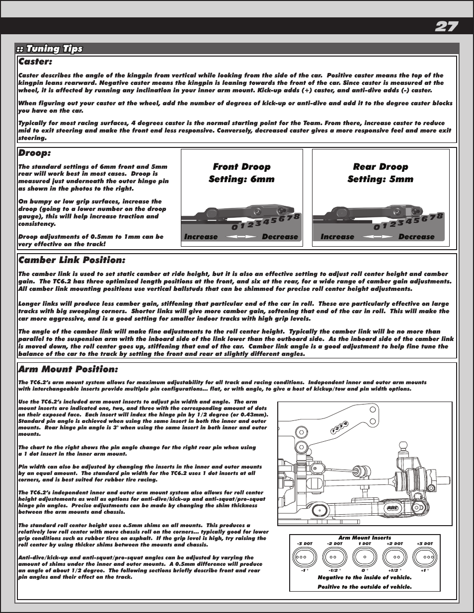 Tuning tips camber link position, Caster, Arm mount position | Droop, Front droop setting: 6mm, Rear droop setting: 5mm | Team Associated TC6.2 User Manual | Page 27 / 42