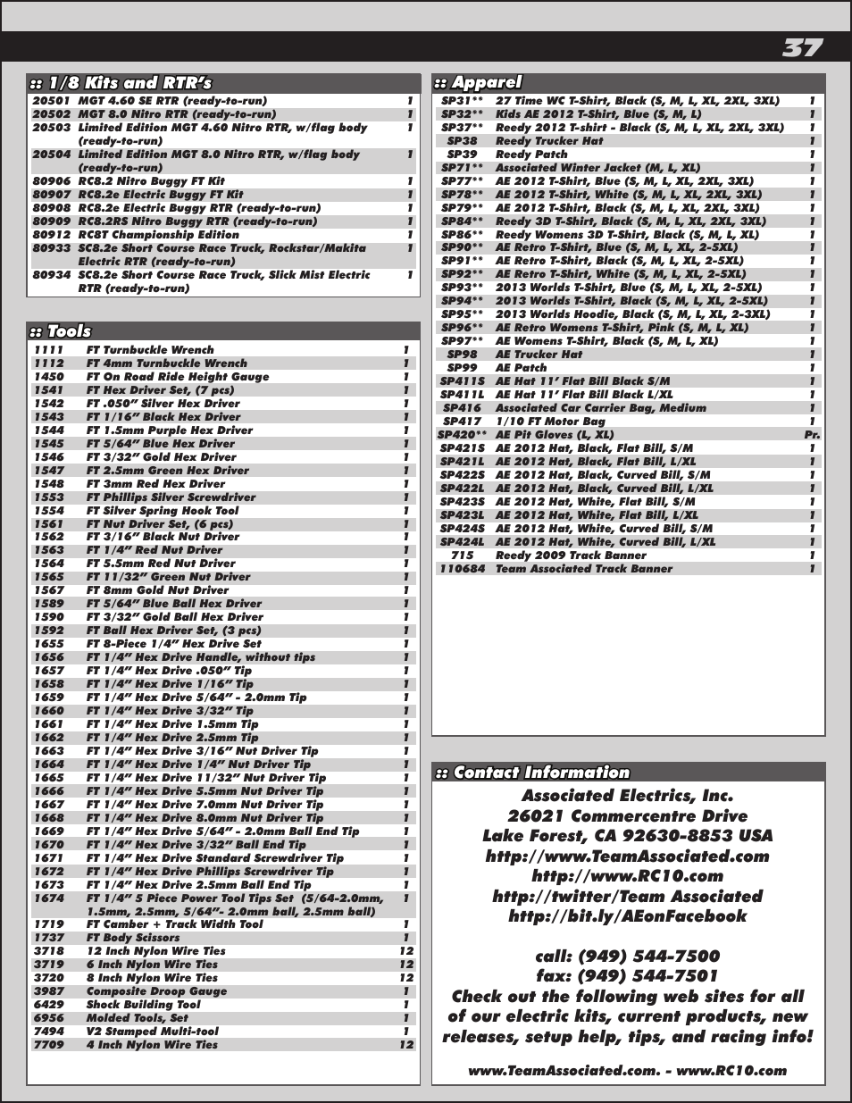 1/8 kits and rtr’s, Tools, Apparel | Team Associated TC6.2 User Manual | Page 37 / 42