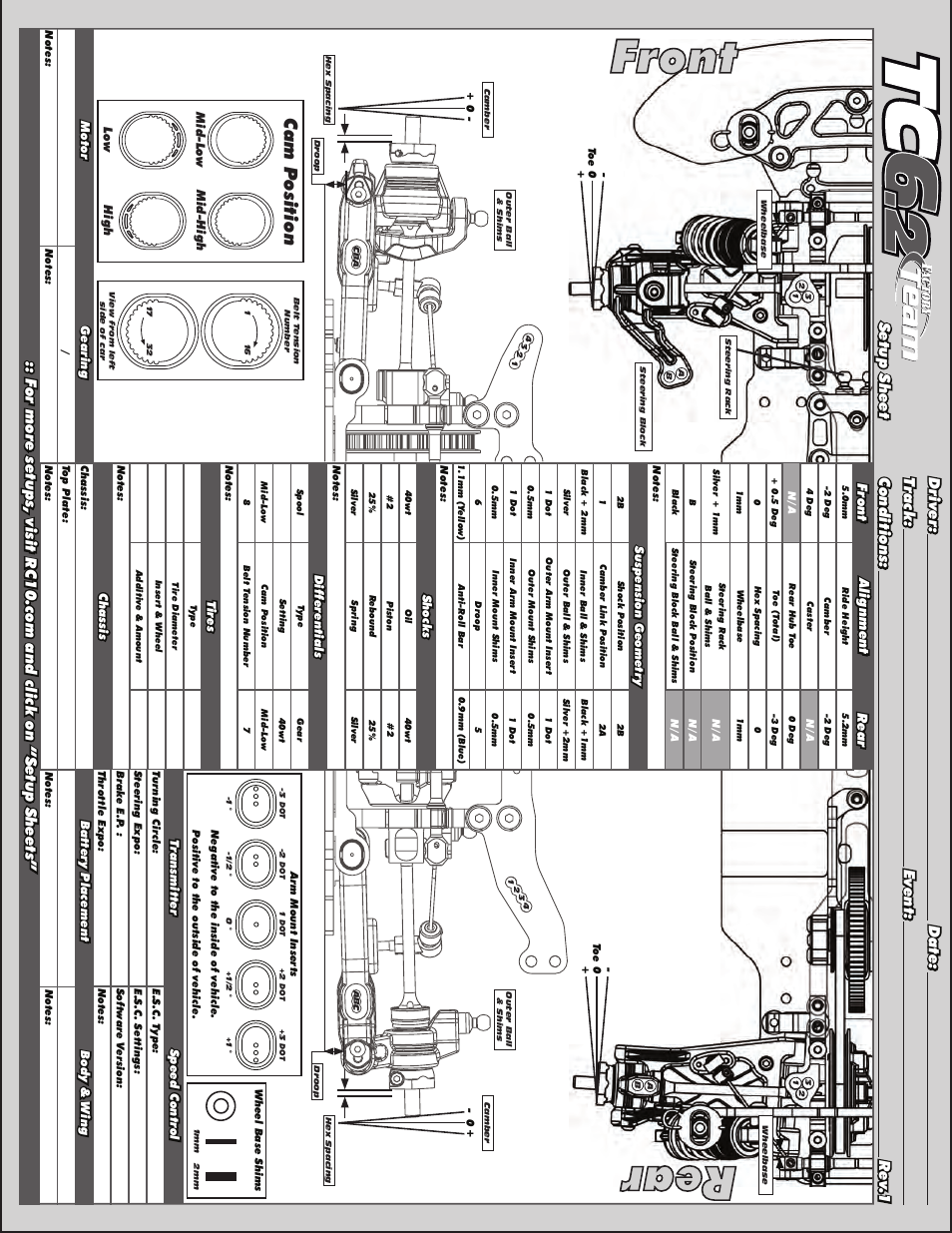 Front rear, Cam p osition, Alignment | Front r ear | Team Associated TC6.2 User Manual | Page 39 / 42