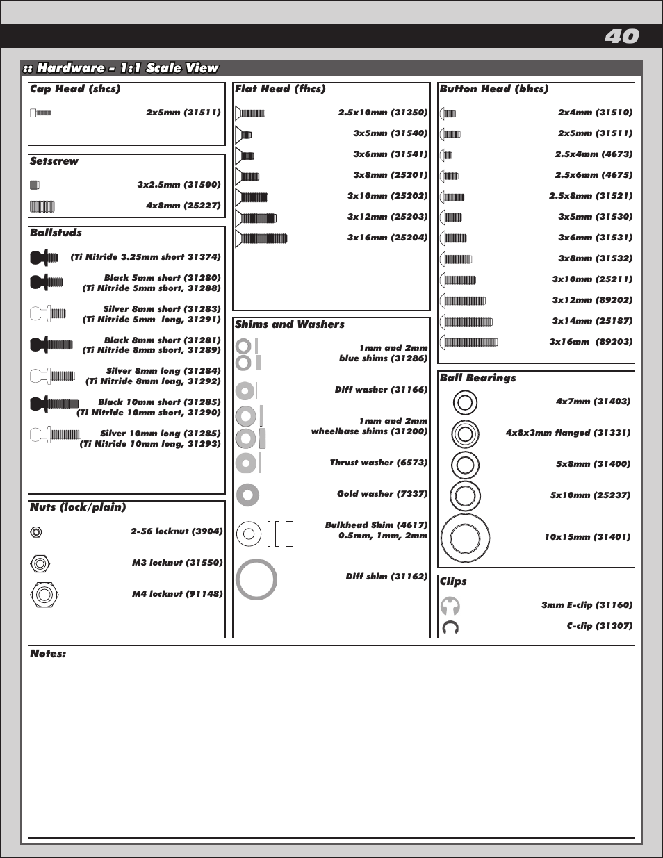 Hardware - 1:1 scale view | Team Associated TC6.2 User Manual | Page 40 / 42