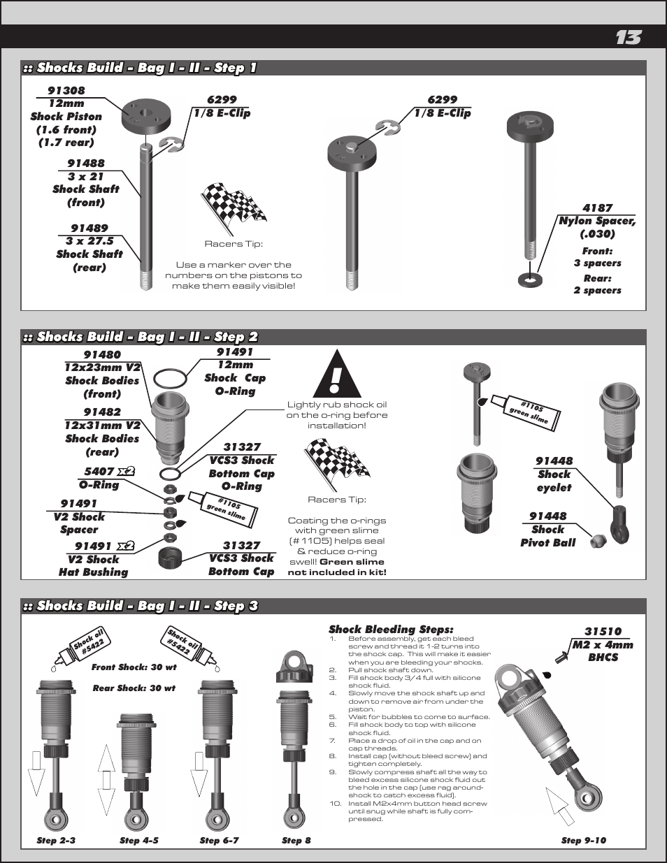 Shocks build - bag i - ii - step 3, Shocks build - bag i - ii - step 2, Shocks build - bag i - ii - step 1 | Team Associated RC10B5 User Manual | Page 13 / 34