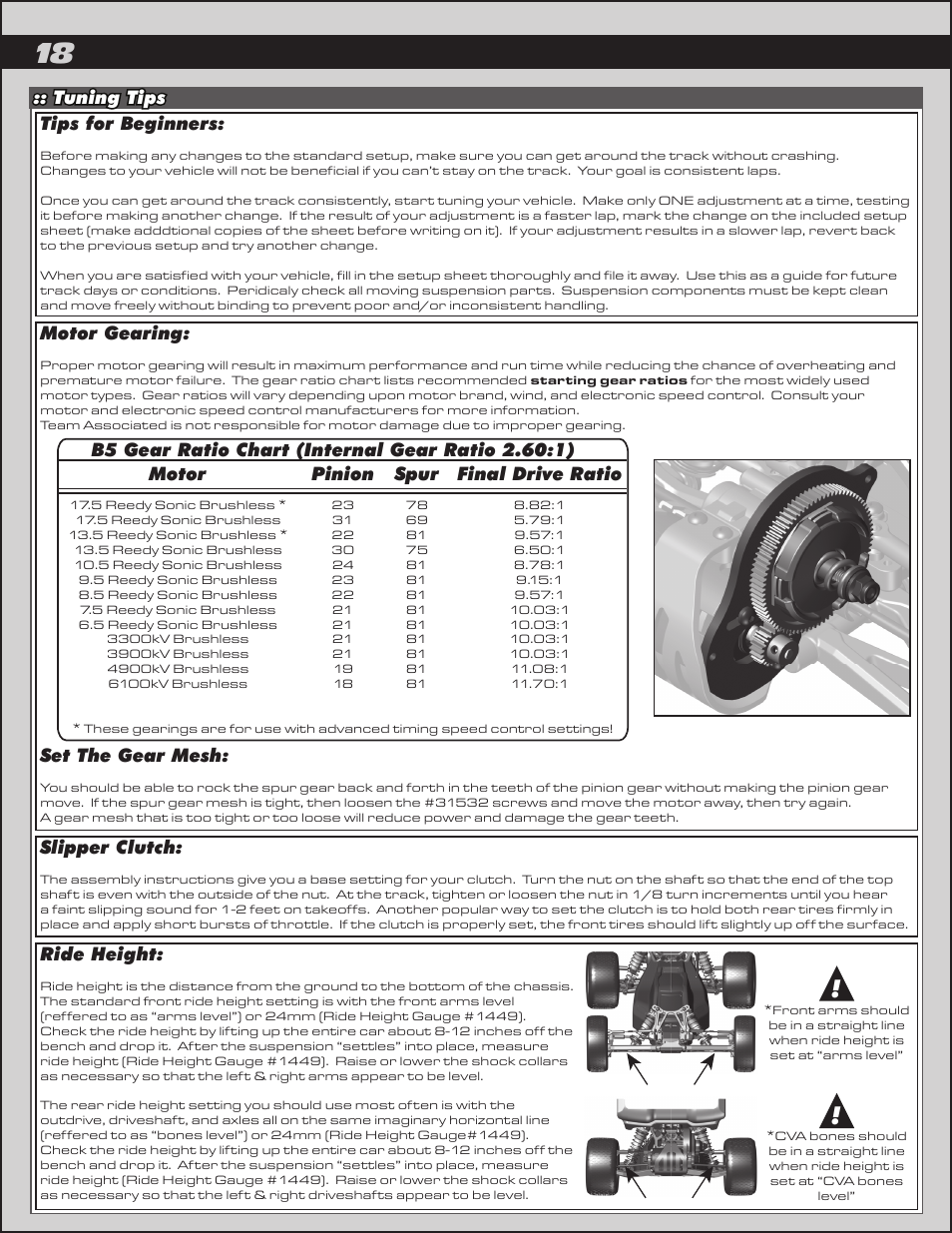 Tuning tips tips for beginners, Slipper clutch, Ride height | Motor gearing, Set the gear mesh, Pinion, Spur, Final drive ratio | Team Associated RC10B5 User Manual | Page 18 / 34