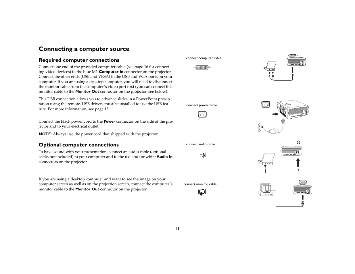 Connecting a computer source, Required computer connections, Optional computer connections | Ask Proxima C130 User Manual | Page 11 / 50