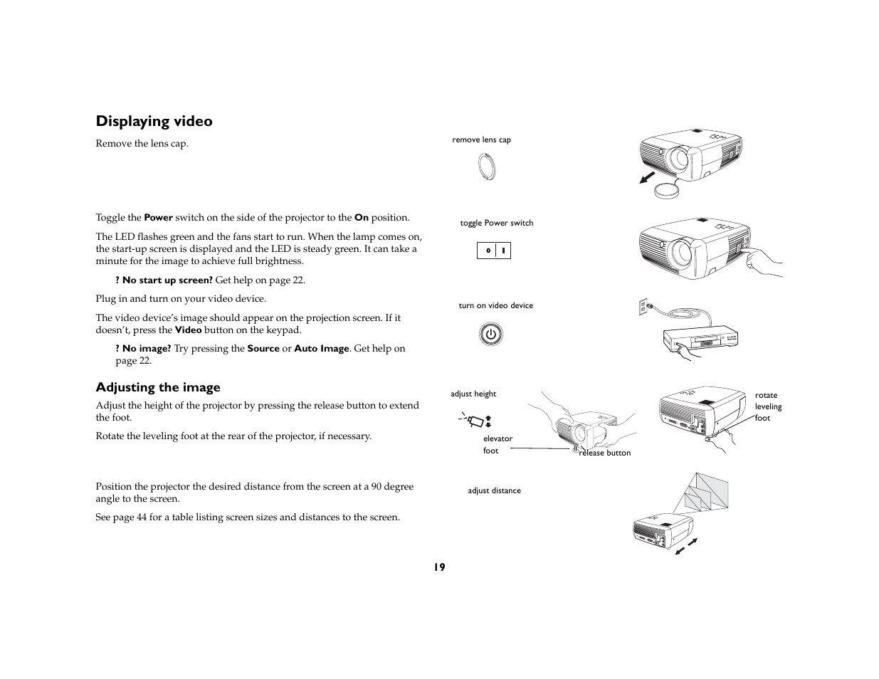Displaying video, Adjusting the image | Ask Proxima C130 User Manual | Page 19 / 50