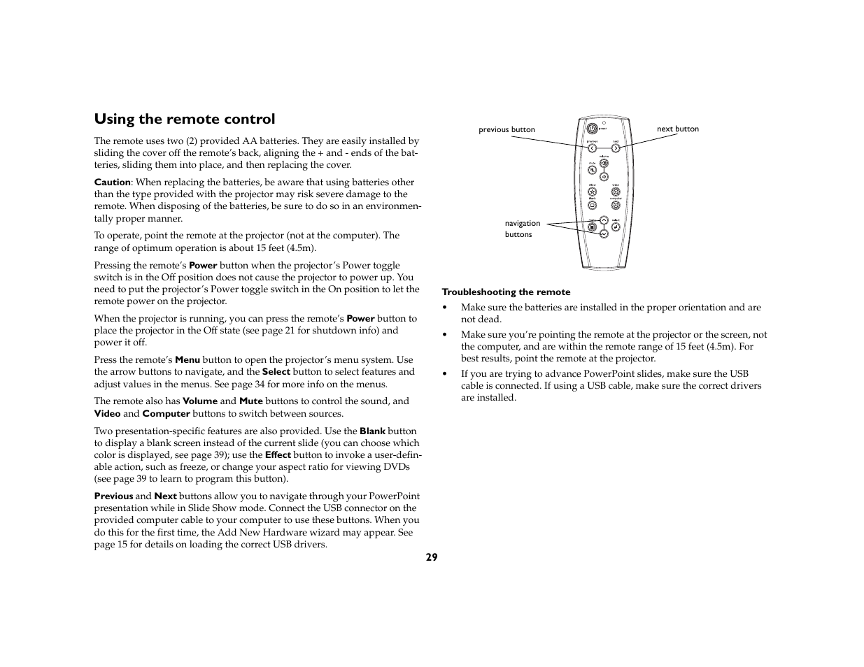 Using the remote control | Ask Proxima C130 User Manual | Page 29 / 50