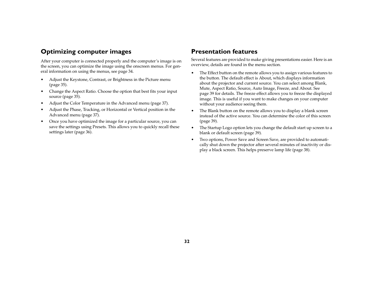 Optimizing computer images, Presentation features | Ask Proxima C130 User Manual | Page 32 / 50
