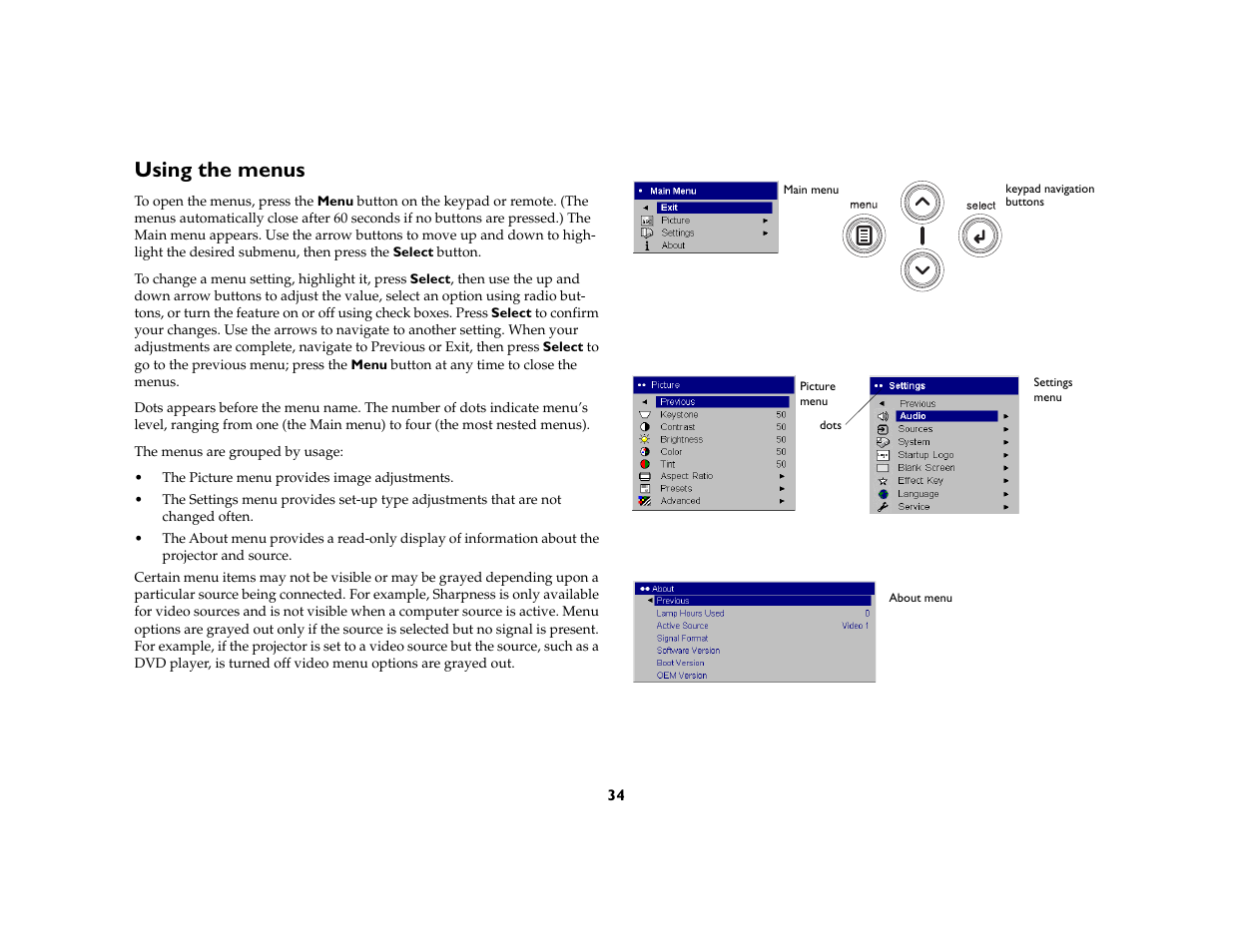 Using the menus | Ask Proxima C130 User Manual | Page 34 / 50