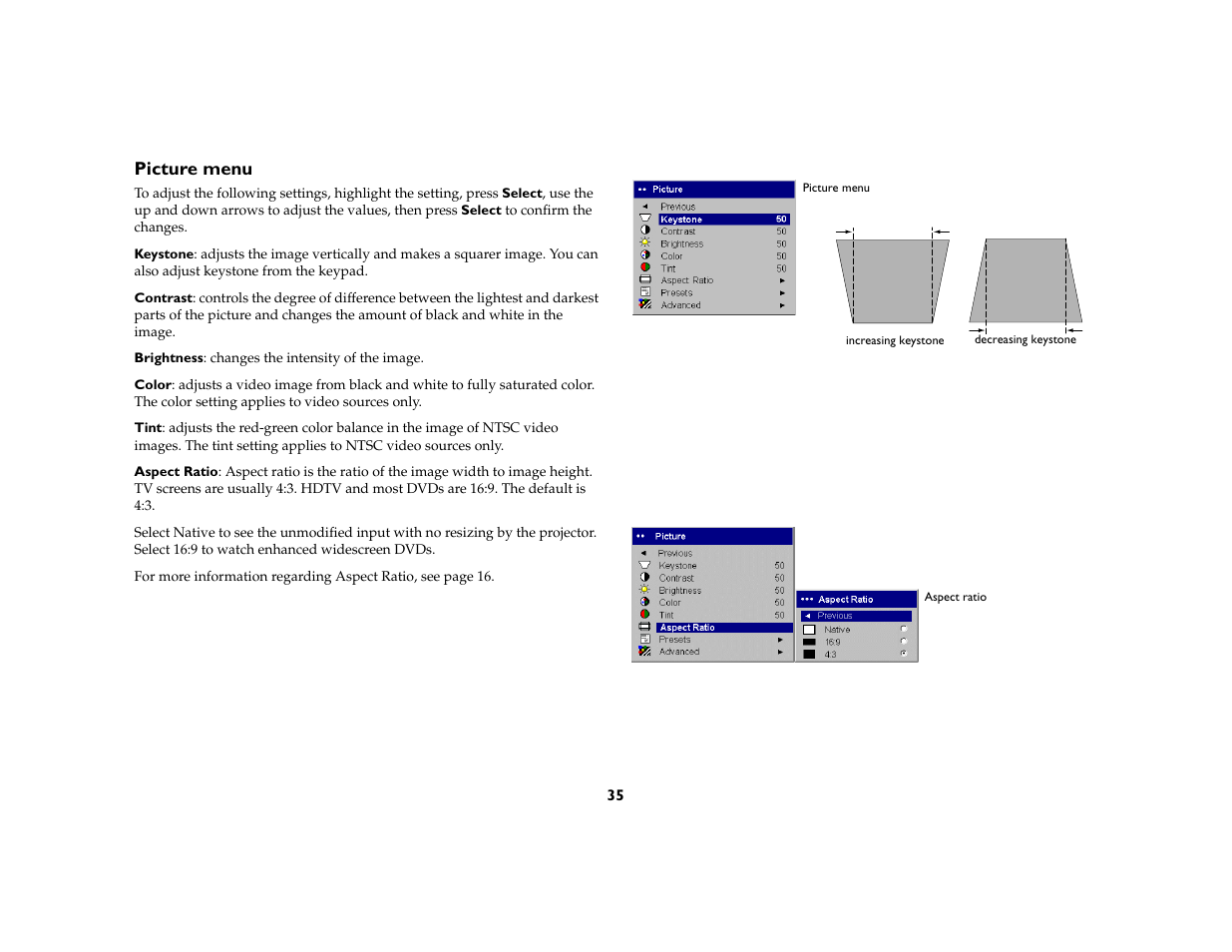 Picture menu | Ask Proxima C130 User Manual | Page 35 / 50