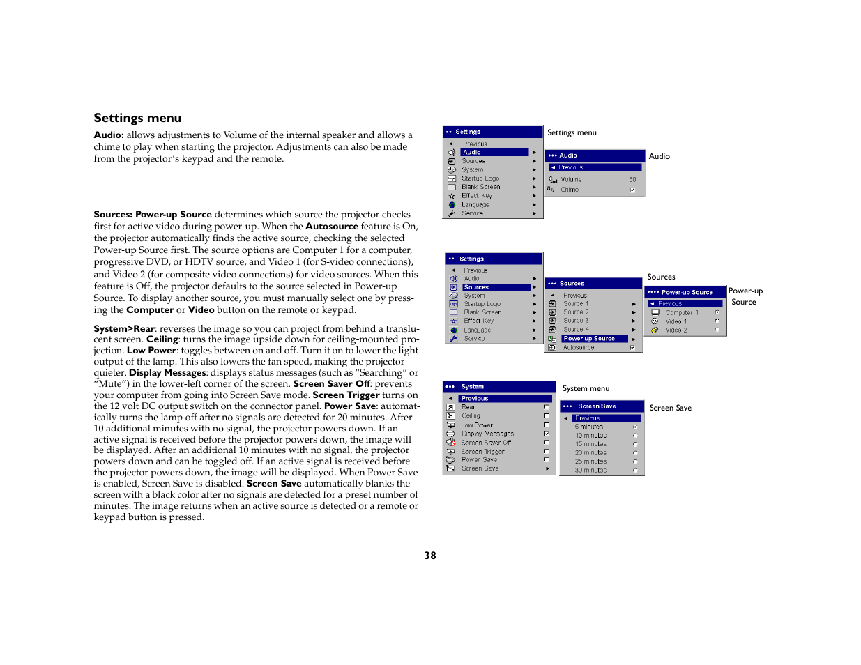 Settings menu | Ask Proxima C130 User Manual | Page 38 / 50