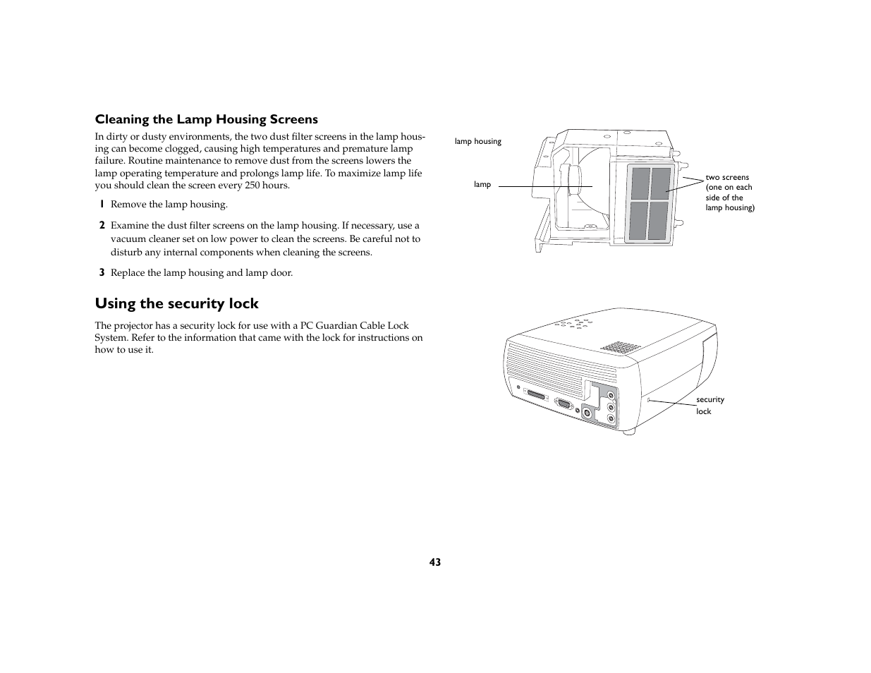 Cleaning the lamp housing screens, Using the security lock | Ask Proxima C130 User Manual | Page 43 / 50