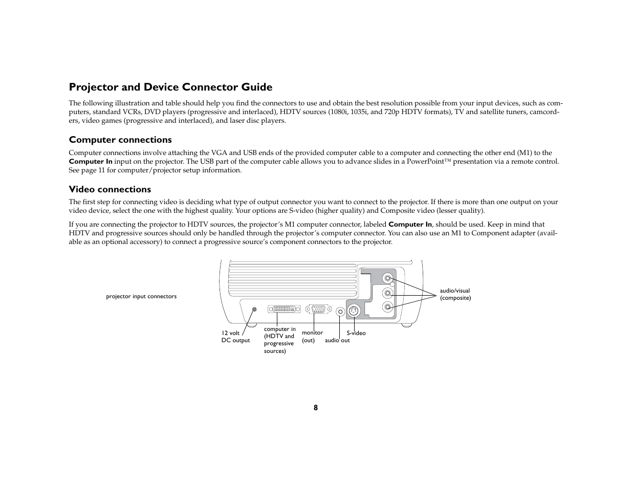 Projector and device connector guide, Computer connections, Video connections | Ask Proxima C130 User Manual | Page 8 / 50