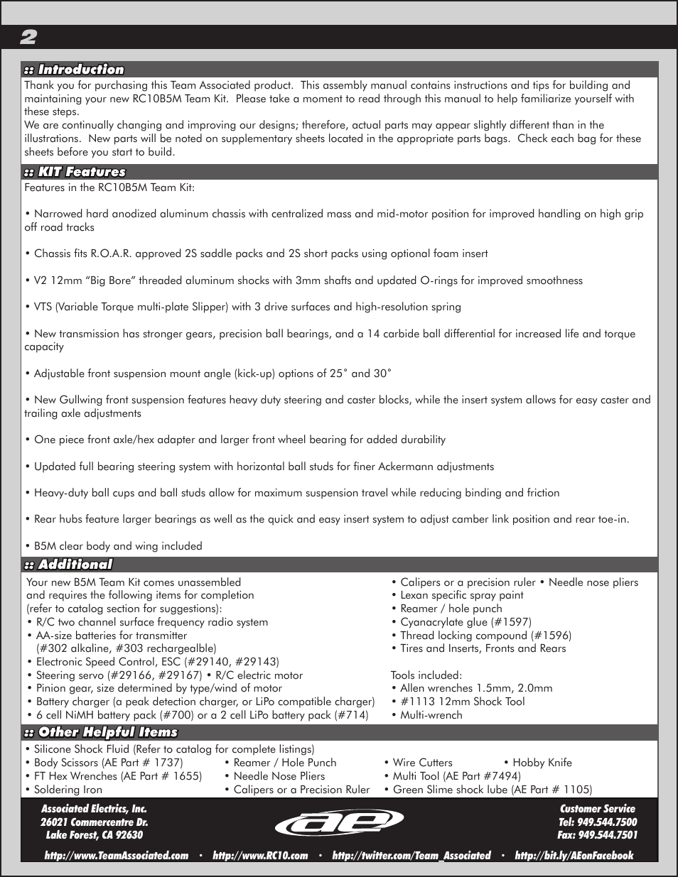 Team Associated RC10B5M User Manual | Page 2 / 34