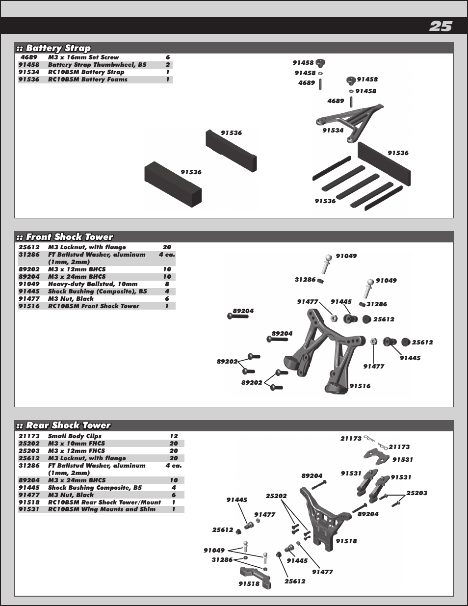 Battery strap, Front shock tower :: rear shock tower | Team Associated RC10B5M User Manual | Page 25 / 34