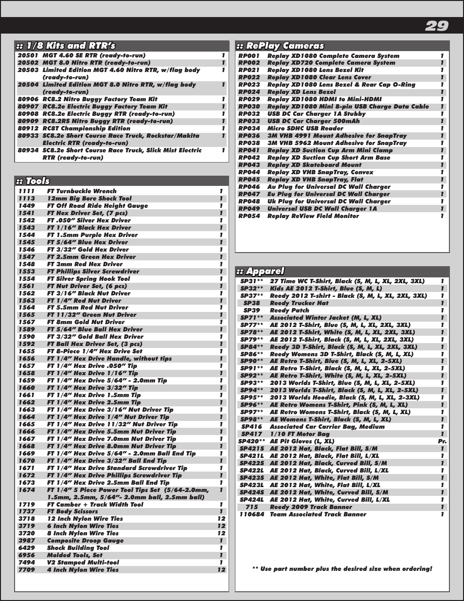1/8 kits and rtr’s, Replay cameras, Tools | Team Associated RC10B5M User Manual | Page 29 / 34