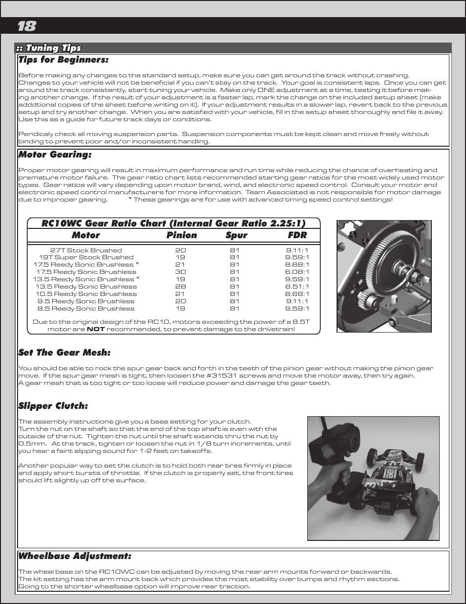 Tuning tips tips for beginners, Wheelbase adjustment, Motor gearing | Set the gear mesh, Slipper clutch | Team Associated RC10 User Manual | Page 18 / 30