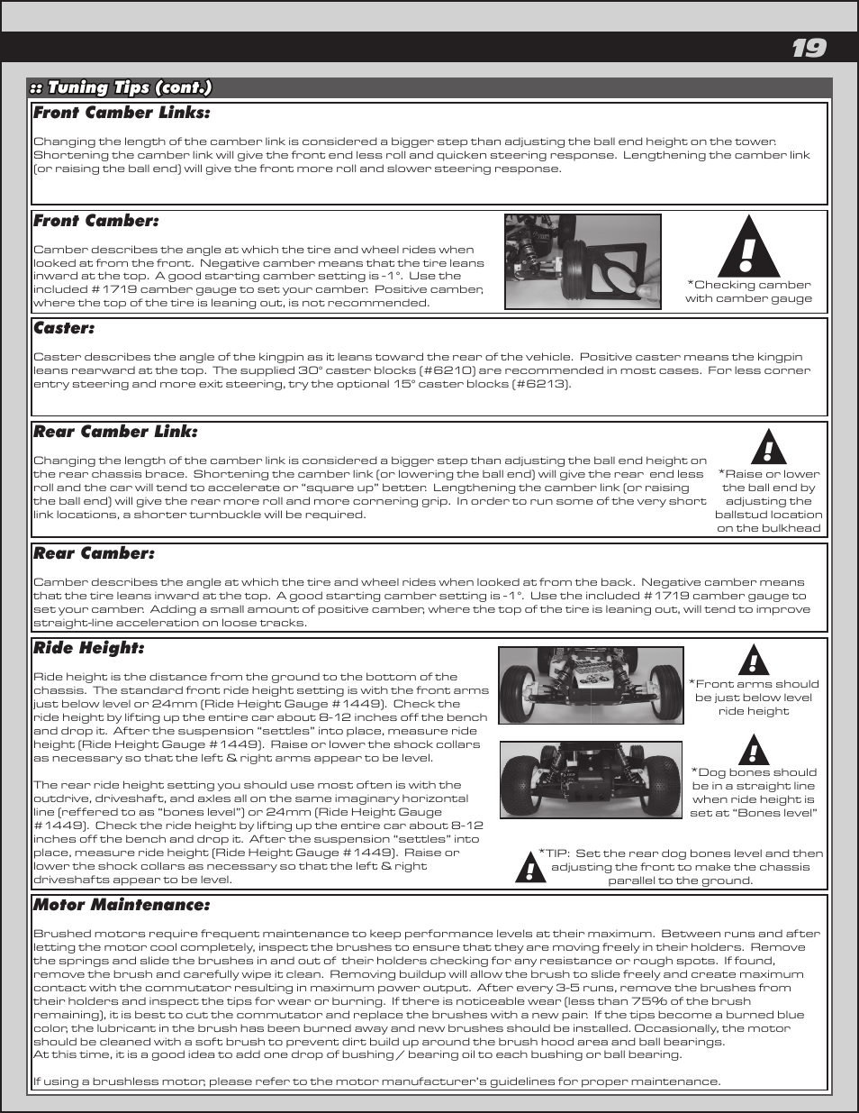 Tuning tips (cont.) front camber links, Caster, Rear camber | Front camber, Rear camber link, Ride height, Motor maintenance | Team Associated RC10 User Manual | Page 19 / 30