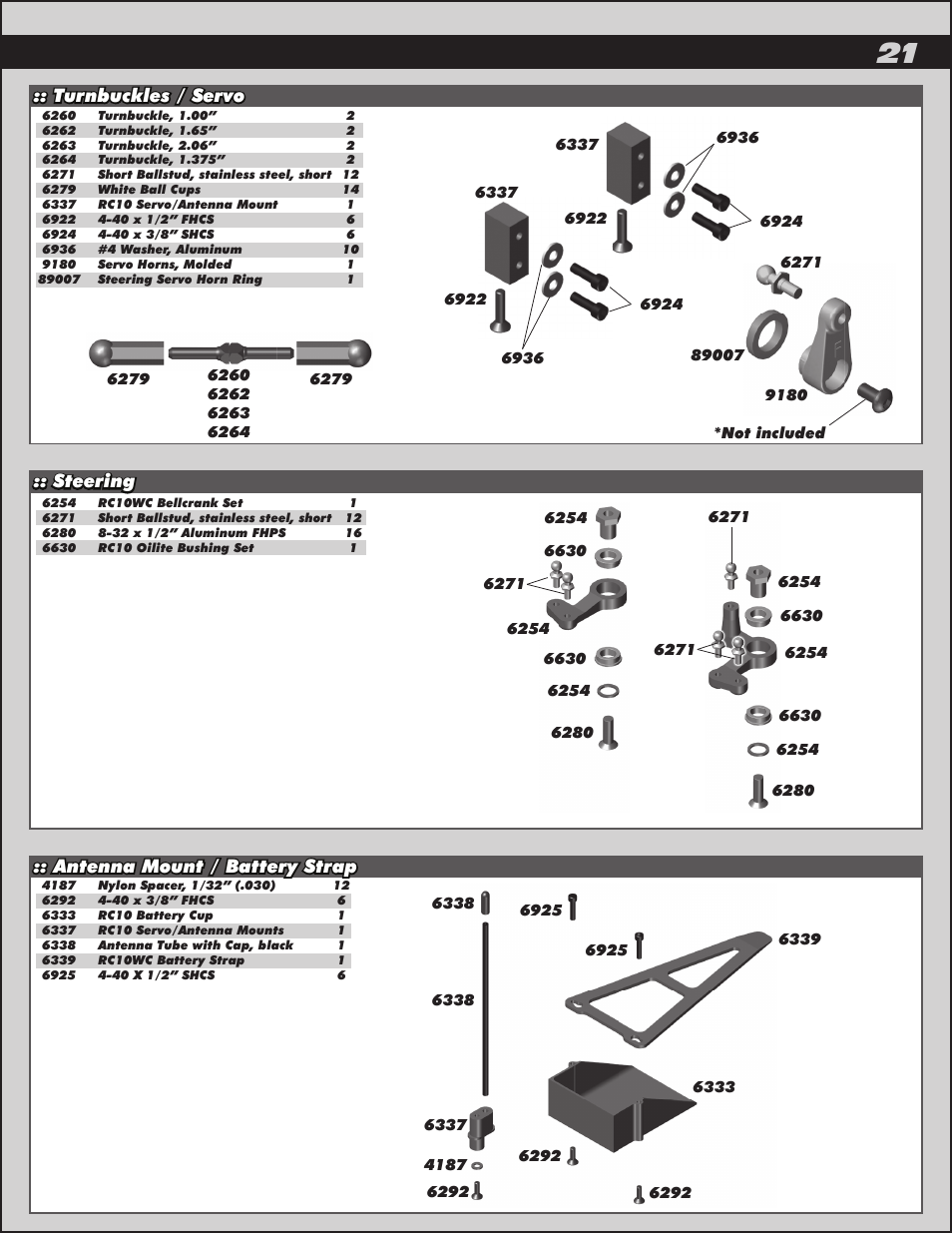 Steering, Turnbuckles / servo, Antenna mount / battery strap | Team Associated RC10 User Manual | Page 21 / 30