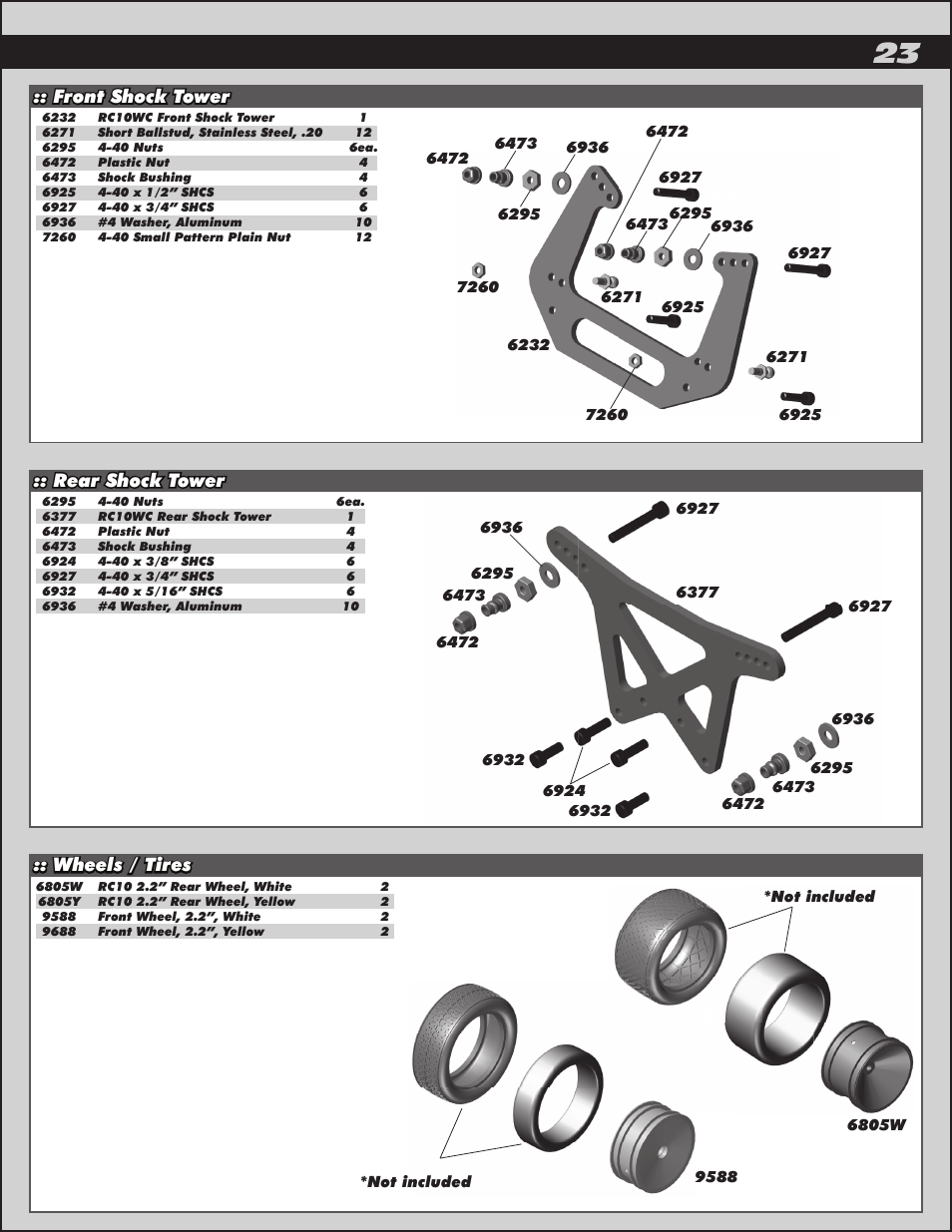 Front shock tower :: rear shock tower, Wheels / tires | Team Associated RC10 User Manual | Page 23 / 30