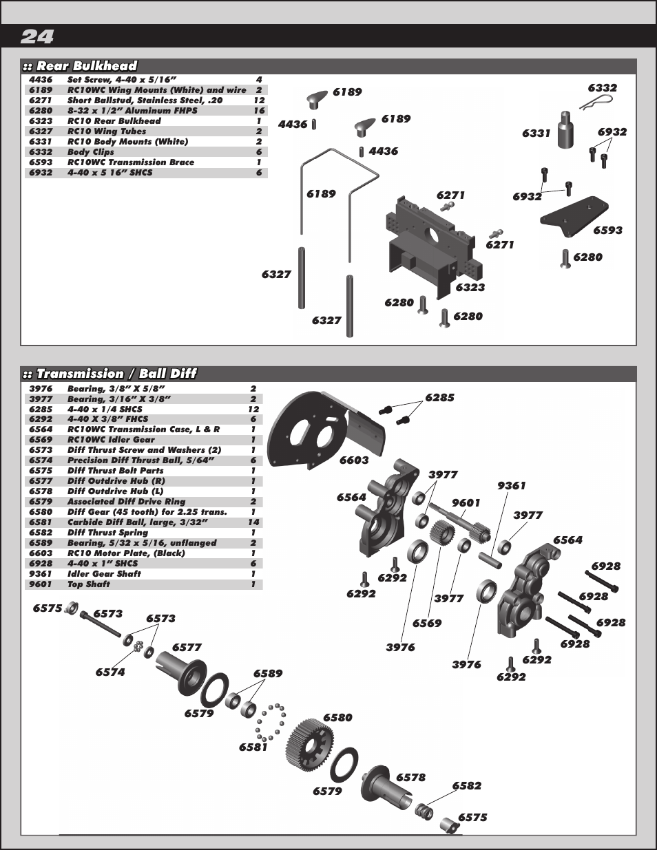 Transmission / ball diff, Rear bulkhead | Team Associated RC10 User Manual | Page 24 / 30