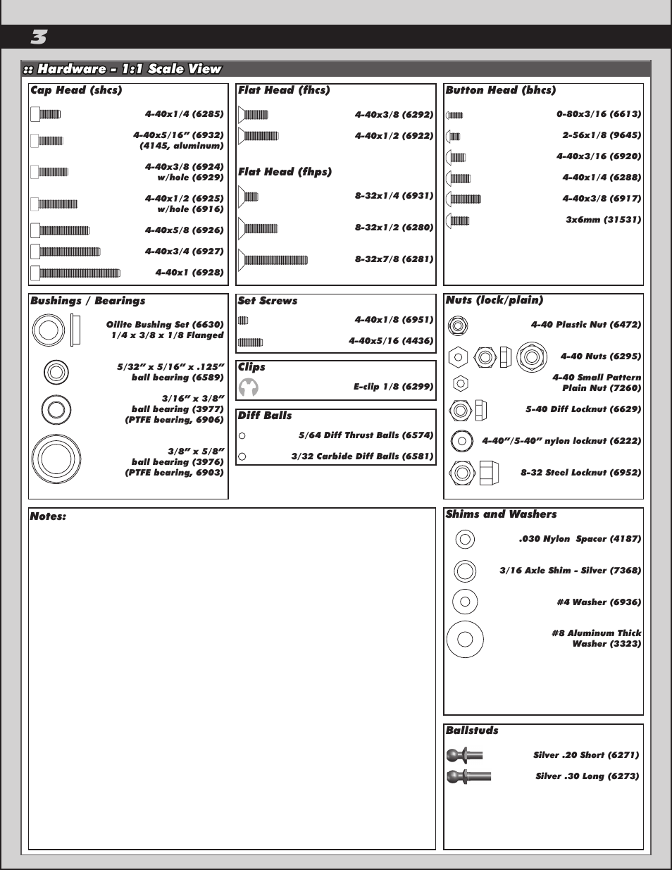 Hardware - 1:1 scale view | Team Associated RC10 User Manual | Page 3 / 30