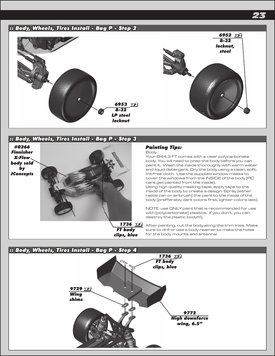 Body, wheels, tires install - bag p - step 2, Body, wheels, tires install - bag p - step 4, Body, wheels, tires install - bag p - step 3 | Team Associated B44.3 User Manual | Page 23 / 38