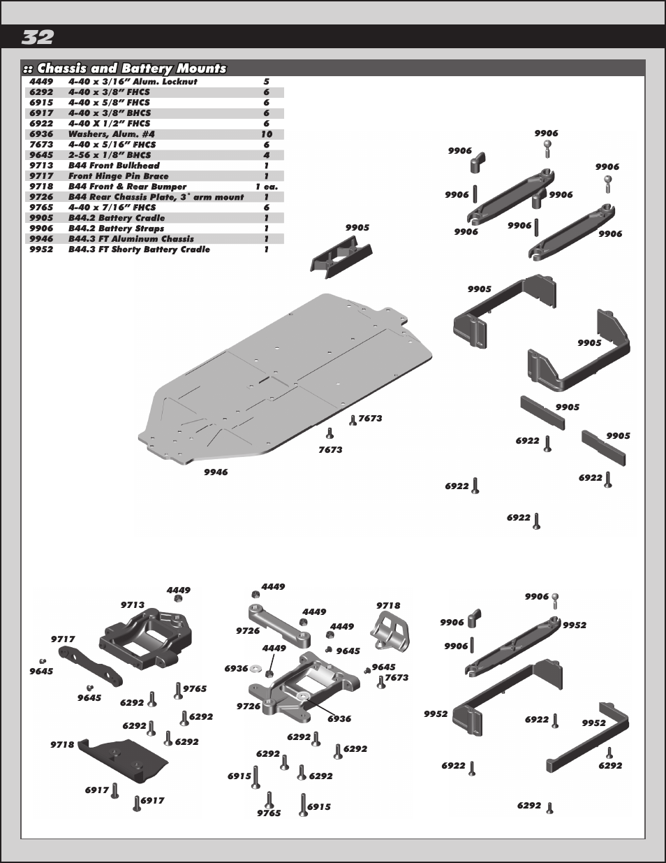 Chassis and battery mounts | Team Associated B44.3 User Manual | Page 32 / 38