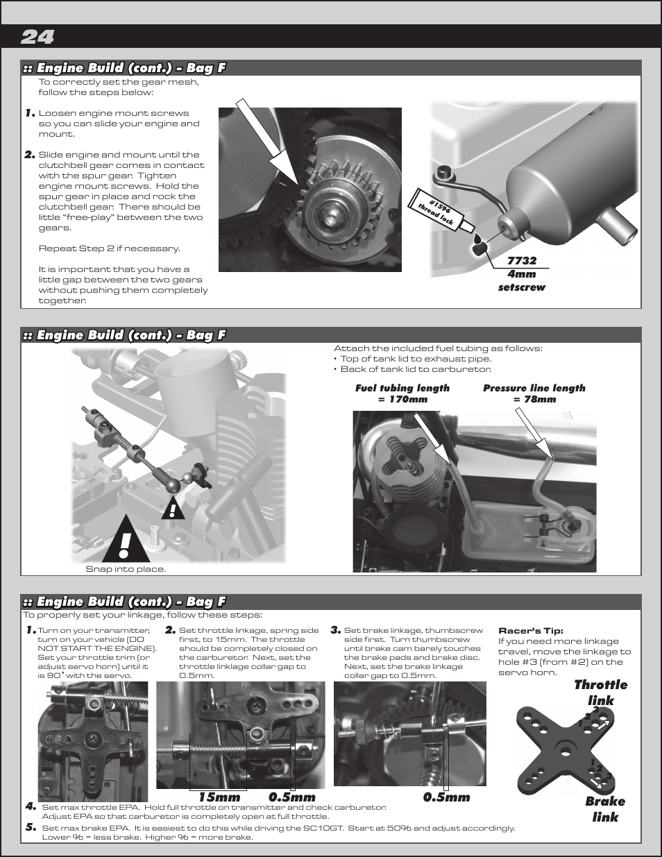 Engine build (cont.) - bag f, 15mm, Throttle link brake link | Team Associated SC10GT User Manual | Page 24 / 46
