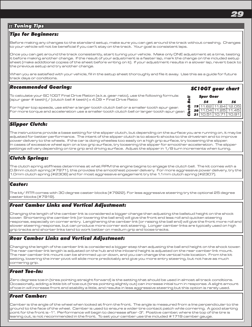 Tuning tips recommended gearing, Slipper clutch, Clutch springs | Caster, Front camber links and vertical adjustment, Rear camber links and vertical adjustment, Front toe-in, Front camber, Tips for beginners, Sc10gt gear chart | Team Associated SC10GT User Manual | Page 29 / 46