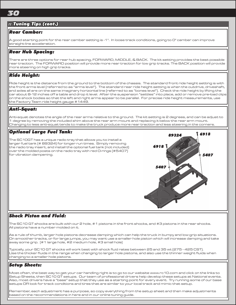 Tuning tips (cont.) shock piston and fluid, Rear hub spacing, Ride height | Anti-squat, Optional large fuel tank, Setup sheets, Rear camber | Team Associated SC10GT User Manual | Page 30 / 46