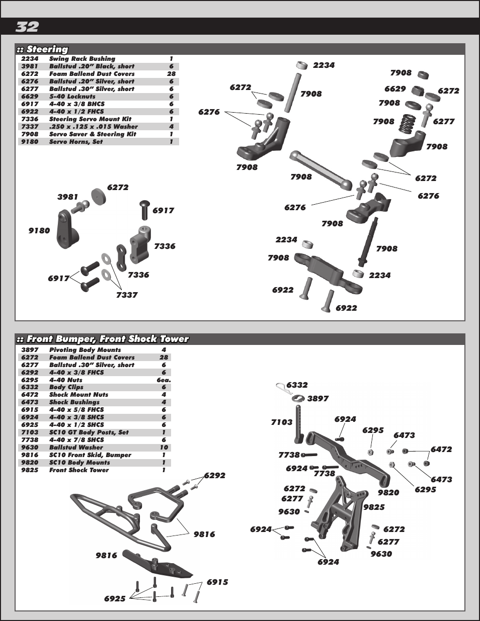 Steering :: front bumper, front shock tower | Team Associated SC10GT User Manual | Page 32 / 46