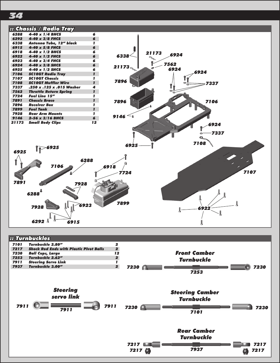 Chassis / radio tray :: turnbuckles | Team Associated SC10GT User Manual | Page 34 / 46