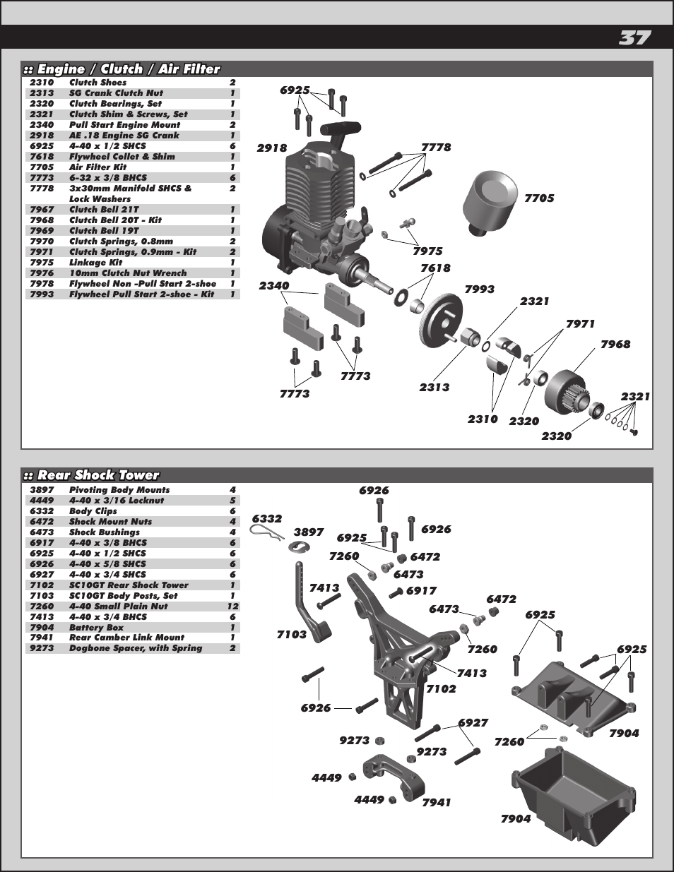 Engine / clutch / air filter :: rear shock tower | Team Associated SC10GT User Manual | Page 37 / 46