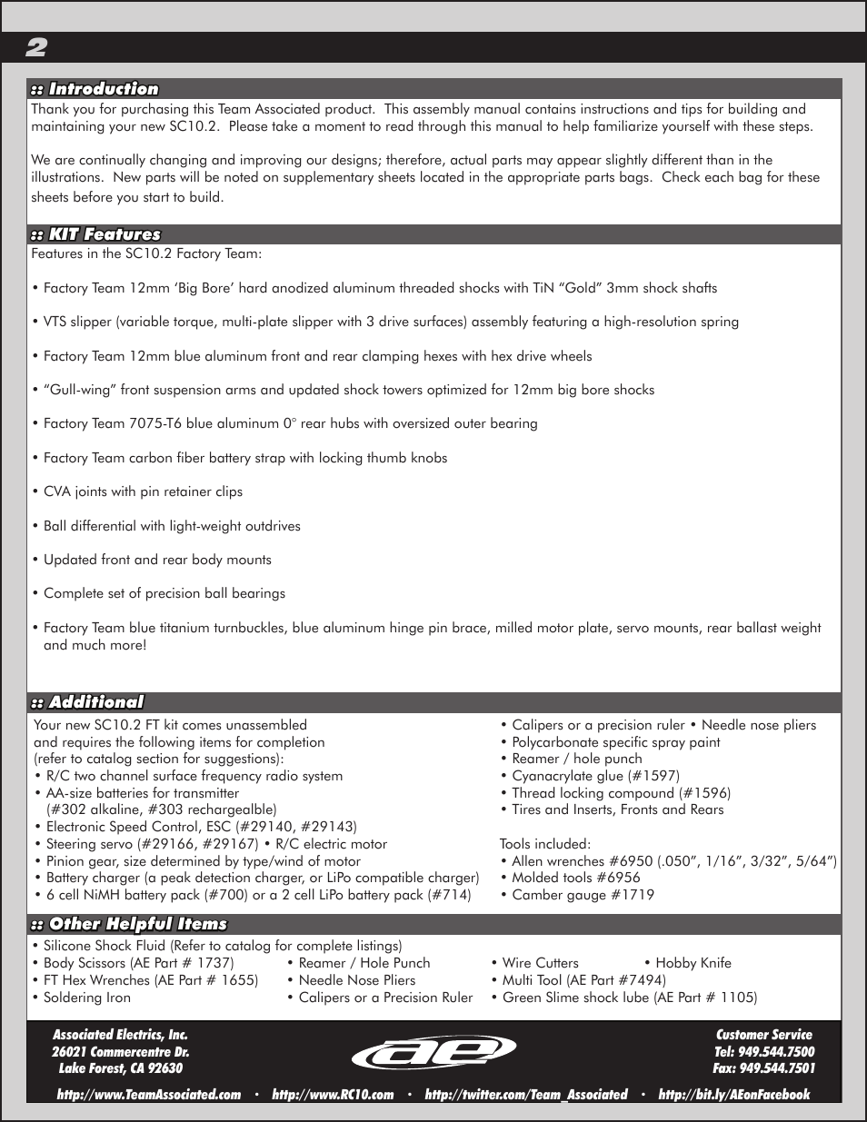 Team Associated SC10.2 User Manual | Page 2 / 38