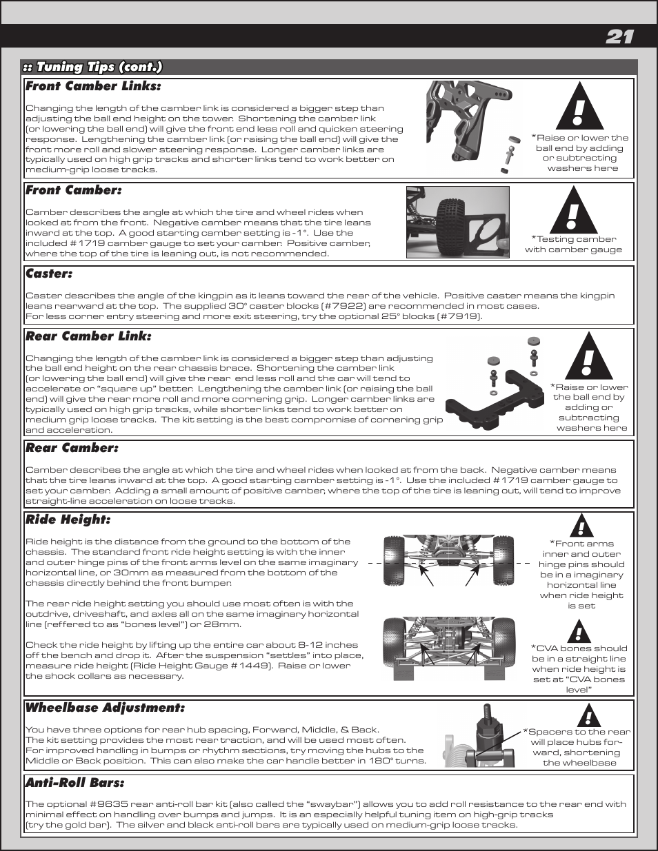 Tuning tips (cont.) front camber links, Caster, Rear camber link | Wheelbase adjustment, Rear camber, Anti-roll bars, Ride height, Front camber | Team Associated SC10.2 User Manual | Page 21 / 38