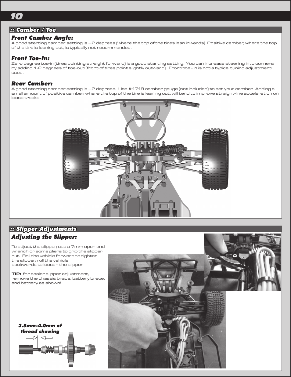 Front toe-in, Rear camber, Adjusting the slipper | Team Associated ProLite 4x4 User Manual | Page 10 / 30