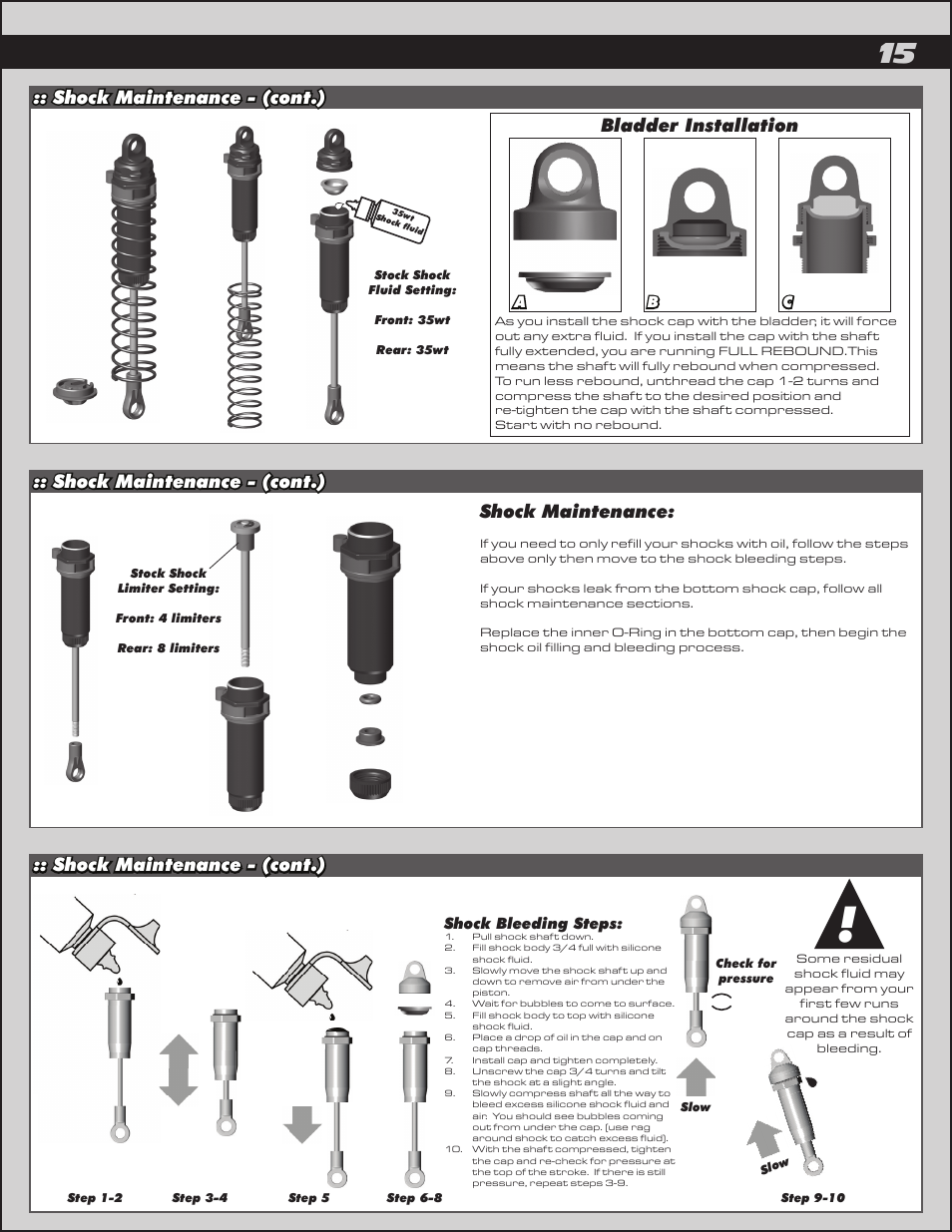 Shock maintenance - (cont.), Shock maintenance - (cont.) shock maintenance, Bladder installation | Team Associated ProLite 4x4 User Manual | Page 15 / 30